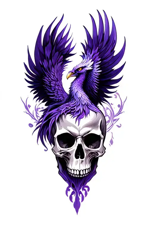 Black purple Phoenix and skull tattoo design idea