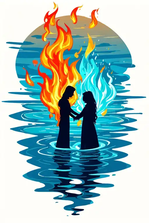 fire being and water being silhouettes holding hands holding each other tattoo design idea