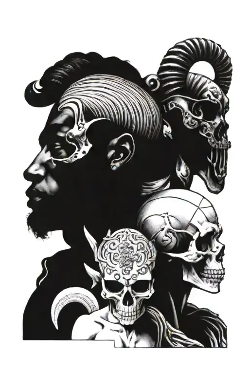 male with ram horns, female with breasts and skulls tattoo design idea