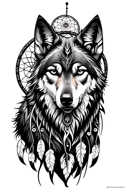 tribal wolf and dream catcher tattoo design idea