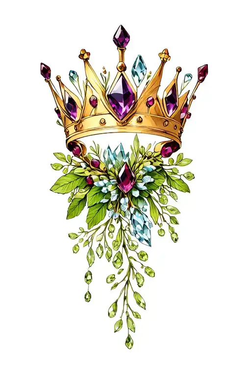 a gold crown with an amethyst, garnet, moonstone, and peridot, heavily overgrown with PNW native berries and flowers tattoo design idea