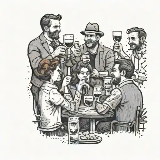 A dotwork tattoo of a group of friends toasting with drinks at a bar, symbolizing the client's love for socializing and good company tattoo design idea