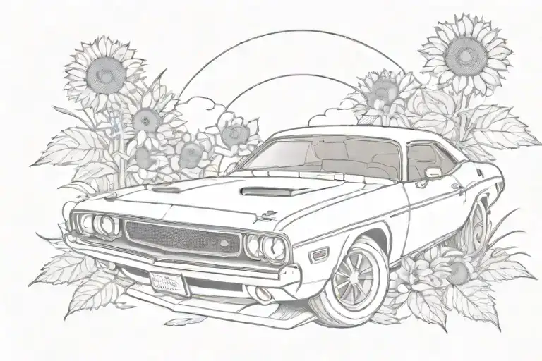 70's dodge challenger with sunflowers tattoo design idea