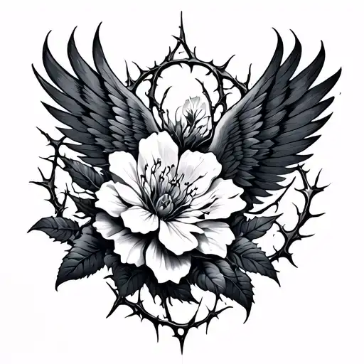 A flower that is protected by thorns and strong thorns around the flowers make something bloody with the combination of a bird's wing stretched to the back of the shoulder. tattoo design idea