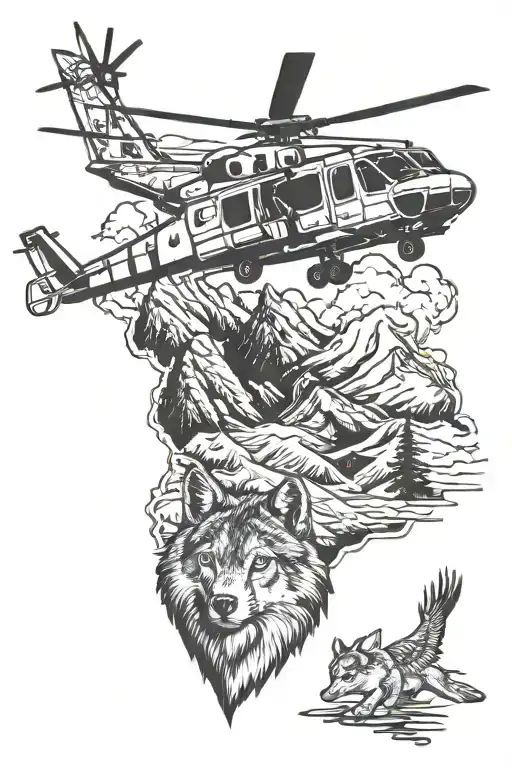 Mountain landscape with a Lynx helicopter and gazelle helicopter flying above a pack of Alaskan Malamutes and a lone eagle tattoo design idea