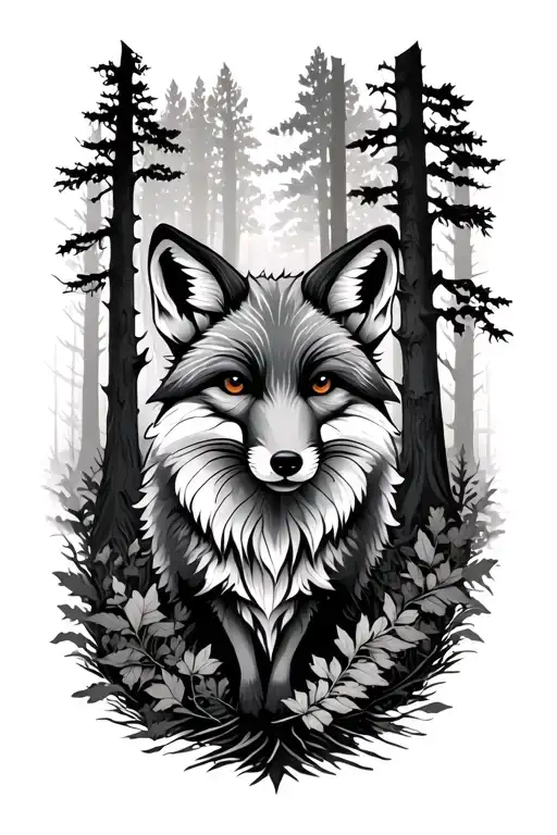 forest trees fox surrounded tattoo design idea