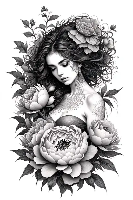 woman emerging from peonies, strength, resiliance, warrior tattoo design idea