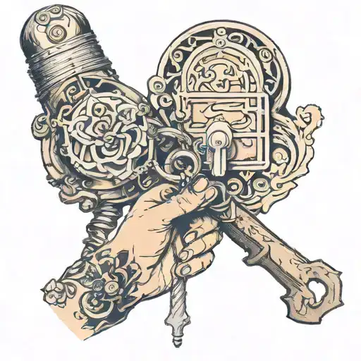 man holding a  lock and woman hold a key unlocking tattoo design idea