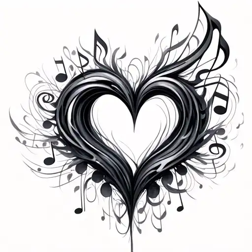 An abstract design incorporating multiple music notes  in the shape of a heart tattoo design idea