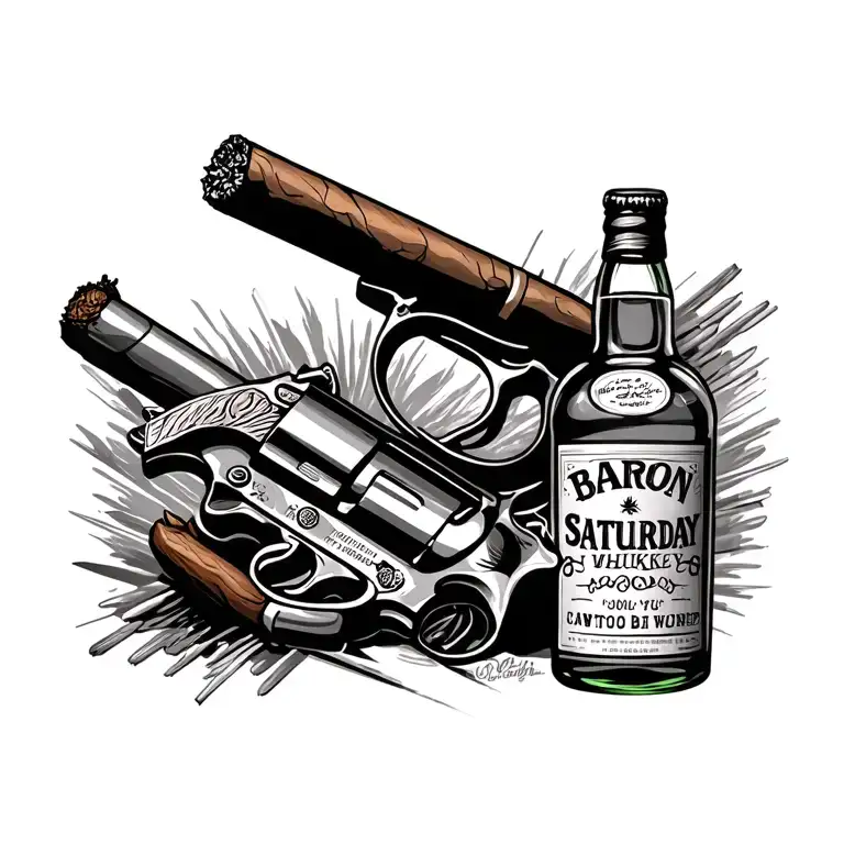 Baron Saturday with a cigar, a gun and a bottle of whiskey tattoo design idea