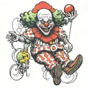 clown with severed legs, saw and balloon tattoo design idea