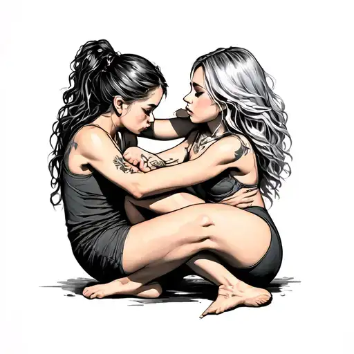 Girl putting another girl in a headlock tattoo design idea