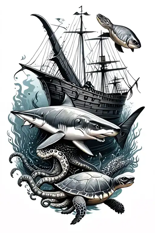 underwater scene featuring turtles, shipwreck, shark, fish and octopus tattoo design idea