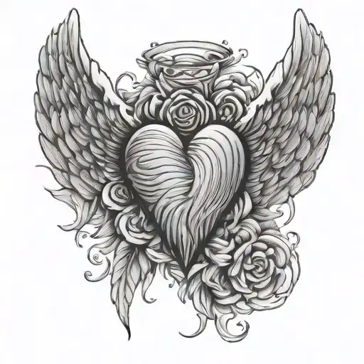 heart filled with fingerprint and Angel wings basic fine line  tattoo design idea