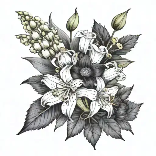 family bouquet, Lilly of the valley, aster, daffodil and chrysanthemum tattoo design idea