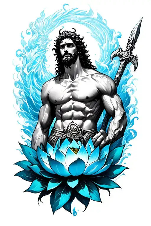 poseidon the greek god with blue lotus in one tattoo aggressive and wild make like he is in war and realism  tattoo design idea