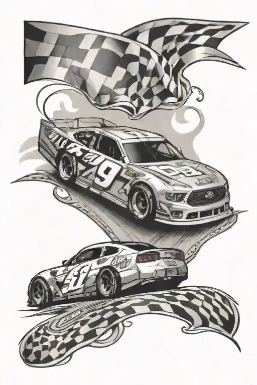 race track finish Line with nascar style racecars in the background tattoo design idea