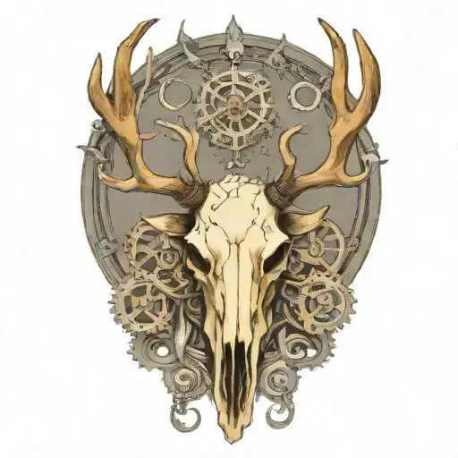 bull elk skull with antlers, tattered MS ribbon wrapped around antlers, mechanical gears, no background tattoo design idea