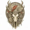 bull elk skull with antlers, tattered MS ribbon wrapped around antlers, mechanical gears, no background tattoo design idea