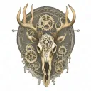 bull elk skull with antlers, tattered MS ribbon wrapped around antlers, mechanical gears, no background tattoo design idea