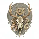 bull elk skull with antlers, tattered MS ribbon wrapped around antlers, mechanical gears, no background tattoo design idea
