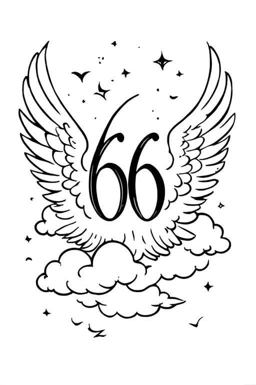 number 66 angel wings, surrounded by clouds forming tattoo design idea