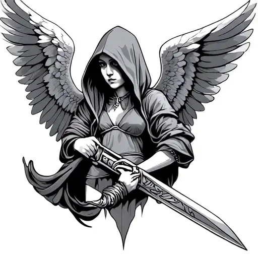 Hooded angel with weapon tattoo design idea