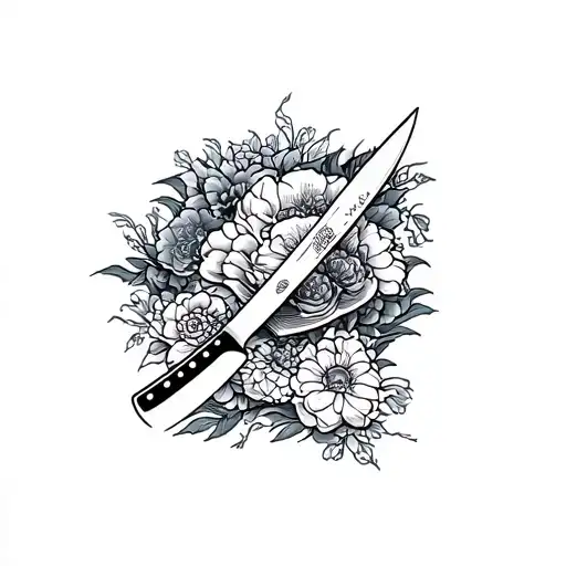 Create a tattoo design with a culinary theme that features a Japanese chef knife tattoo design idea