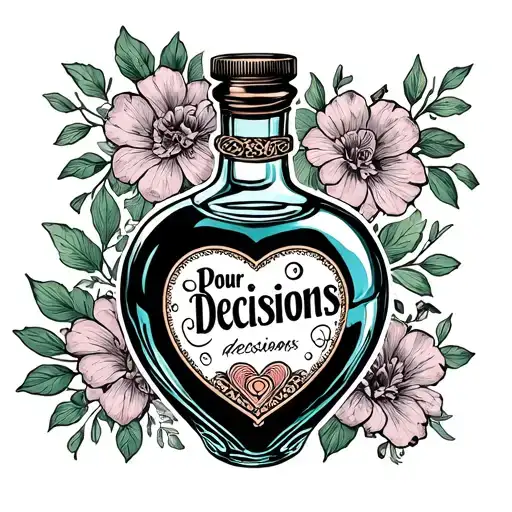 "Pour decisions" Vintage gin bottle with heart shaped label with pretty ornate steamed glass pour tattoo design idea