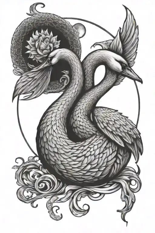 swan and moon and Gemini sign and snake tattoo design idea