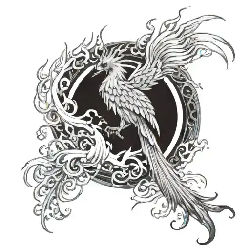 Full-back Yakuza tattoo design featuring a mythical phoenix rising from flames, surrounded by intricate waves and Japane tattoo design idea