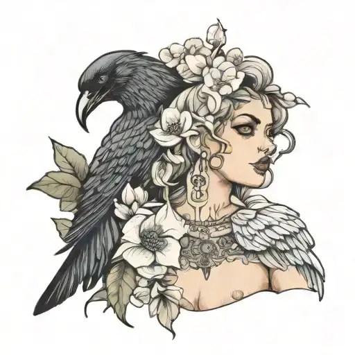 девушка half-naked with the head of a crow with magnolia flowers tattoo design idea