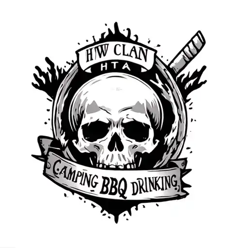Design me a tattoo that has the words HTW clan, camping, drinking, BBQ and skul tattoo design idea