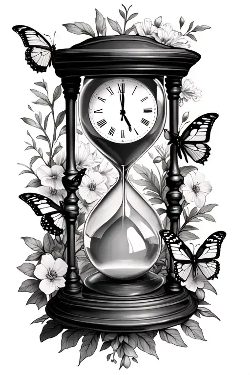 hourglass with clock in top half surrounded by hawthorne, larkspur, sweet pea and swallowtail butterflies tattoo design idea