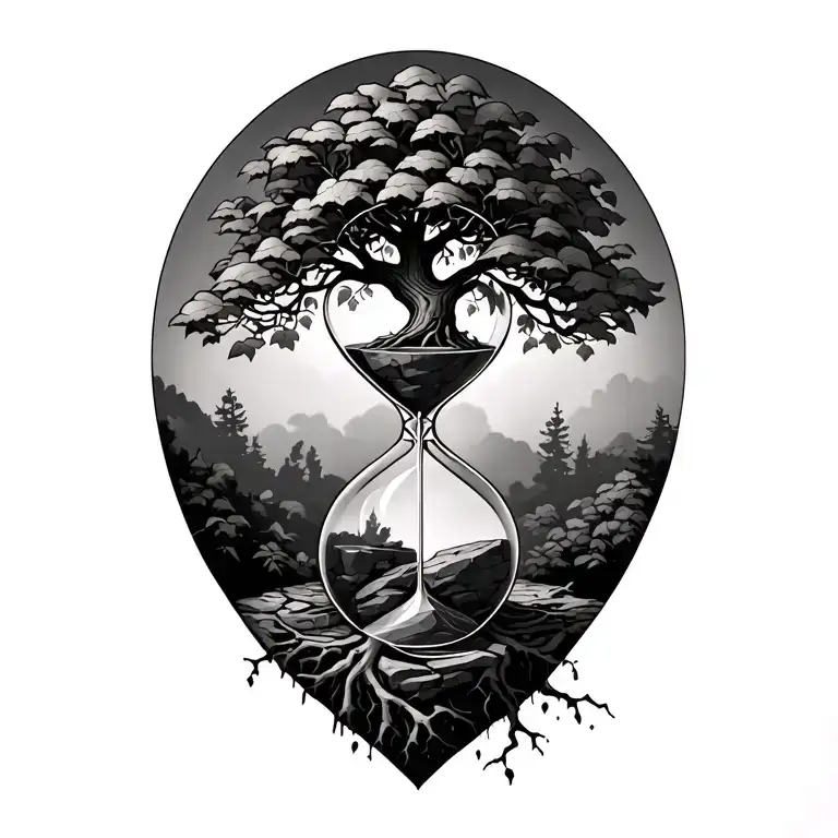 tree hourglass with the top half being luscious and lively and the bottom half being roots cracking the stone  tattoo design idea