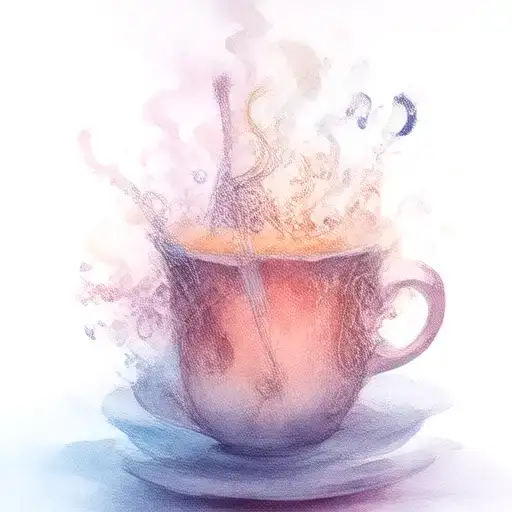 A whimsical coffee cup with musical instruments forming steam, representing the joy of starting the day with music tattoo design idea