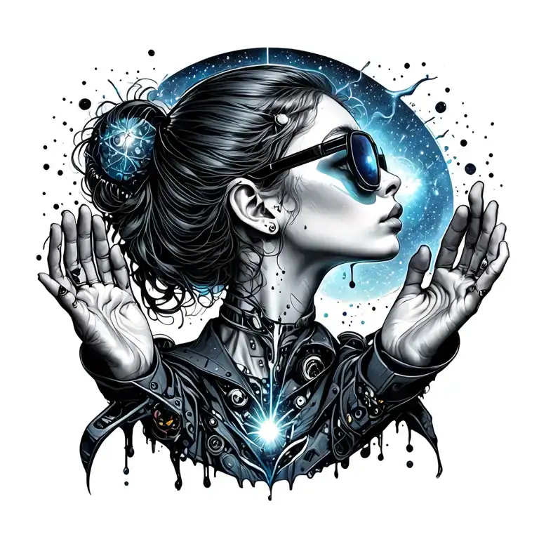 Girl in profile looking up with rave glases her hands on the glases looking up with a universe pouring out of the glases tattoo design idea
