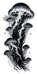 Jellyfish swarm with little lightning bolts surrounding them, and Japanese clouds in the background tattoo design idea