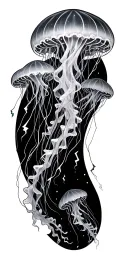 Jellyfish swarm with little lightning bolts surrounding them, and Japanese clouds in the background tattoo design idea
