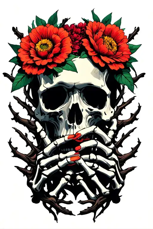 Skull with flower and thorned vines shadows all surrounding interlocked human and skeleton hands tattoo design idea