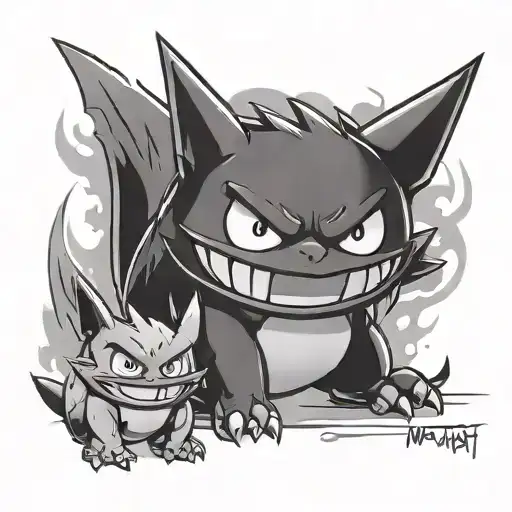 Create an image of an tattoo Desgin with marshadow,gengar and darmanitan from pokemon separate  tattoo design idea