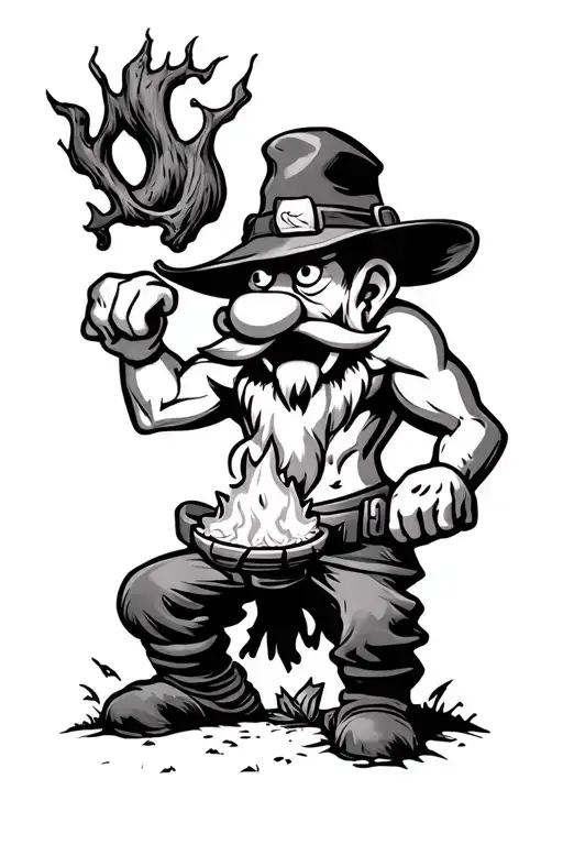 Yosemite Sam by campfire in a haunted forrest tattoo design idea