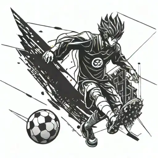 A dynamic anime character playing football in a futuristic stadium tattoo design idea