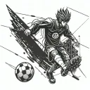 A dynamic anime character playing football in a futuristic stadium tattoo design idea