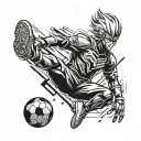 A dynamic anime character playing football in a futuristic stadium tattoo design idea