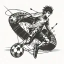 A dynamic anime character playing football in a futuristic stadium tattoo design idea