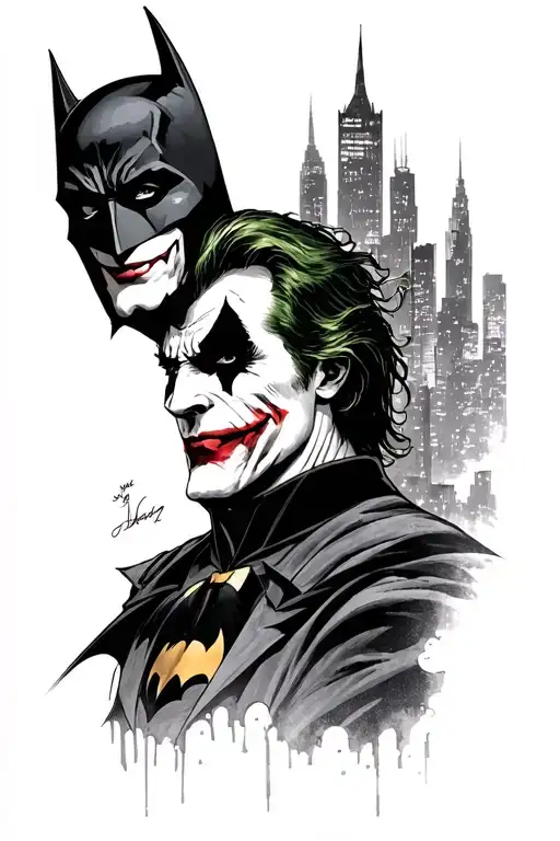 Batman in the city skyline in the background and joker why so serious tattoo design idea