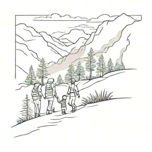 A minimalist design of a family of 4 hiking through the mountains of Cocora Valley in Colombia, without people tattoo design idea