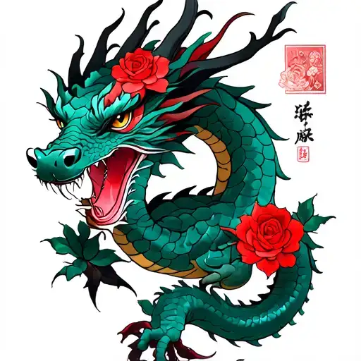 Dragons and red roses tattoo design idea