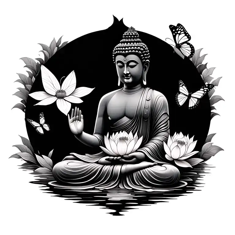 a sitting buddha holds a huge lotus. the buddha is surrounded by butterflies and flowers. the lotus looks a bit like a m tattoo design idea